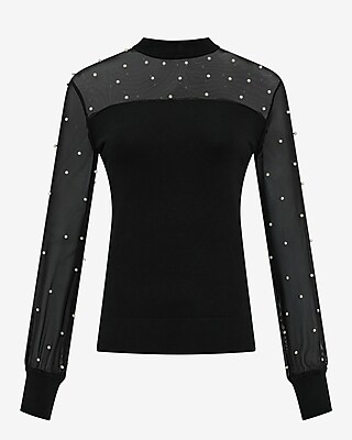 Pearl Embellished Mesh Mock Neck Sweater - image 5