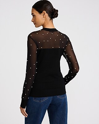 Pearl Embellished Mesh Mock Neck Sweater - image 2