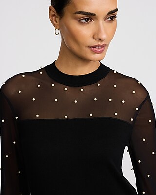 Pearl Embellished Mesh Mock Neck Sweater - image 3