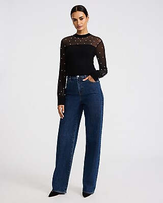 Pearl Embellished Mesh Mock Neck Sweater - image 4