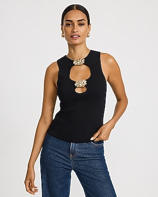 Ribbed Crew Neck Gold Hardware Cutout Sweater Tank