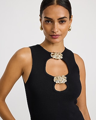 Ribbed Crew Neck Gold Hardware Cutout Sweater Tank