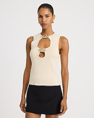 Ribbed Crew Neck Gold Hardware Cutout Sweater Tank