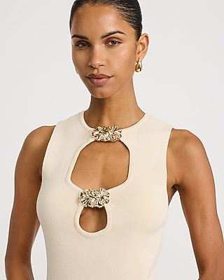 Ribbed Crew Neck Gold Hardware Cutout Sweater Tank