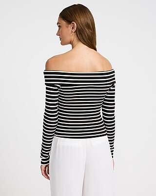 Striped Fitted Off The Shoulder Ribbed Sweater - image 2