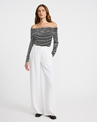 Striped Fitted Off The Shoulder Ribbed Sweater - image 3