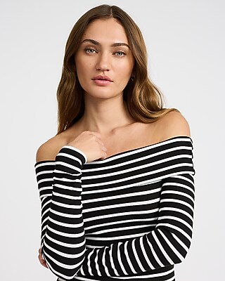 Striped Fitted Off The Shoulder Ribbed Sweater - image 4