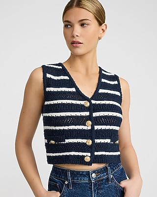 Crochet Striped Novelty Button Sweater Vest - image 2