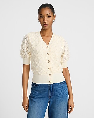 Floral Lace V-neck Novelty Button Short Sleeve Cardigan | Express