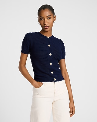 Waffle Knit Crew Neck Novelty Button Short Sleeve Cardigan Express