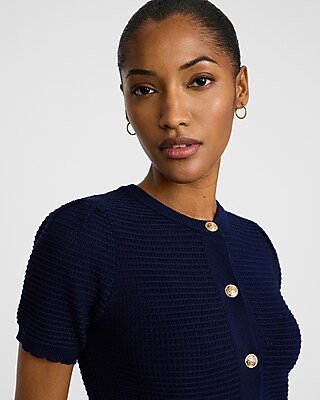 Waffle Knit Crew Neck Novelty Button Short Sleeve Cardigan | Express