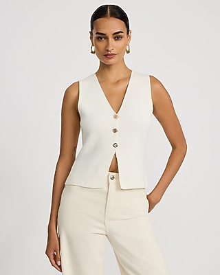 Ribbed V-Neck Gold Button Front Cutaway Sweater Vest