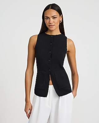 Ribbed V-neck Gold Button Front Cutaway Sweater Vest | Express