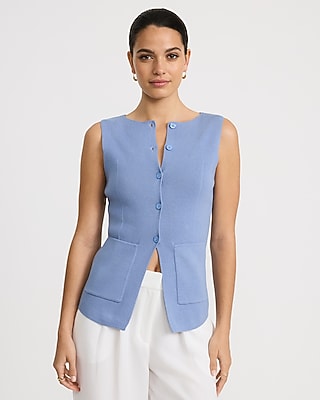 Crew Neck Patch Pocket Cutaway Hem Sweater Vest
