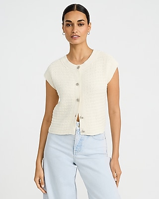 Textured Crew Neck Cap Sleeve Novelty Button Cardigan