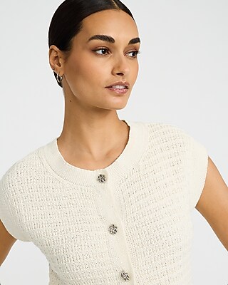 Textured Crew Neck Cap Sleeve Novelty Button Cardigan