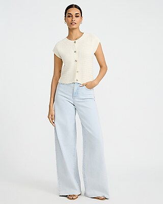 Textured Crew Neck Cap Sleeve Novelty Button Cardigan