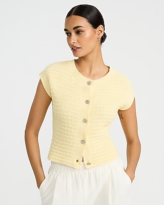 Textured Crew Neck Cap Sleeve Novelty Button Cardigan