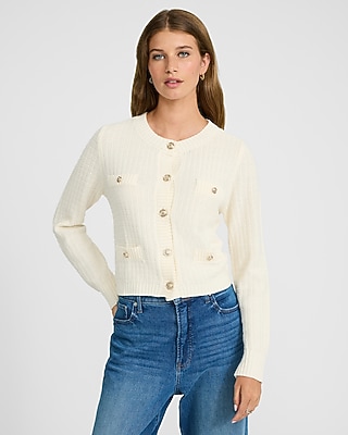 Textured Crew Neck Novelty Button Cardigan