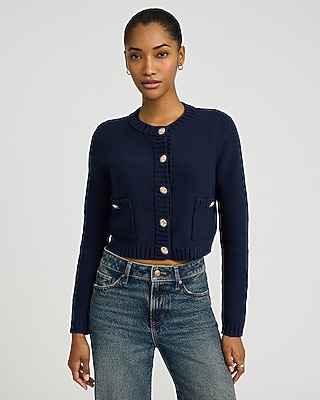 Crew Neck Novelty Button Two Pocket Cardigan | Express