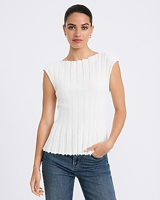 Ribbed Boat Neck Cap Sleeve Sweater