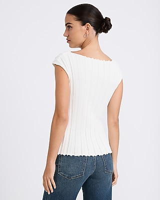 Ribbed Boat Neck Cap Sleeve Sweater