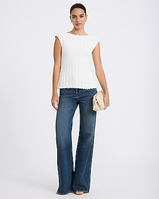 Ribbed Boat Neck Cap Sleeve Sweater