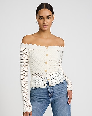 あひ‼️SHOULDER TUCK SHEER KNIT Sheer Crochet Off The Shoulder Fitted Novelty Button Sweater | Express