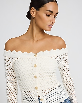 Sheer Crochet Off The Shoulder Fitted Novelty Button Sweater | Express