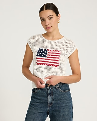 American Flag Cotton Open Stitch Cap Sleeve Sweater - image 2