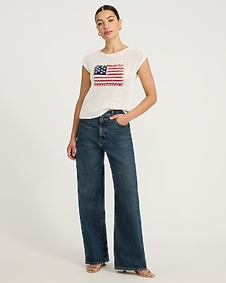 American Flag Cotton Open Stitch Cap Sleeve Sweater - image 5