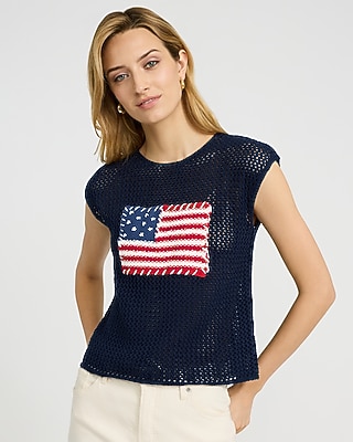 American Flag Cotton Open Stitch Cap Sleeve Sweater