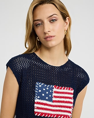 American Flag Cotton Open Stitch Cap Sleeve Sweater