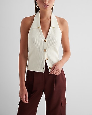 Ribbed Halter Neck Sleeveless Polo Cardigan | Express