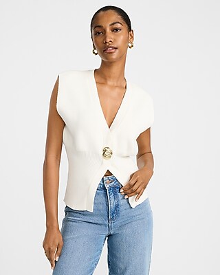 V-Neck Gold Button Banded Cutaway Sweater Vest