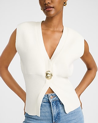 V-Neck Gold Button Banded Cutaway Sweater Vest