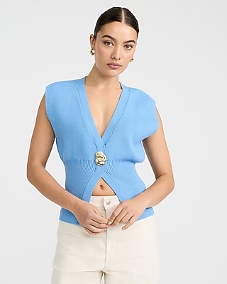 V-Neck Gold Button Banded Cutaway Sweater Vest