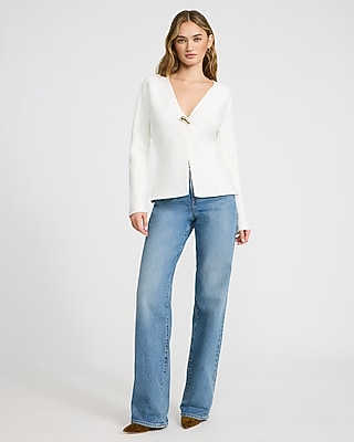 V-Neck Long Sleeve Single Novelty Button Cutaway Sweater