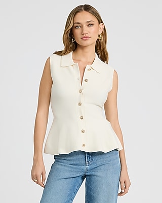 Crew Neck Novelty Button Peplum Cardigan | Express