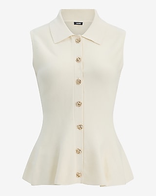 Cotton Crew Neck Gold Button Front Peplum Sweater Polo