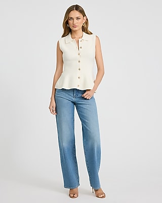 Cotton Crew Neck Gold Button Front Peplum Sweater Polo