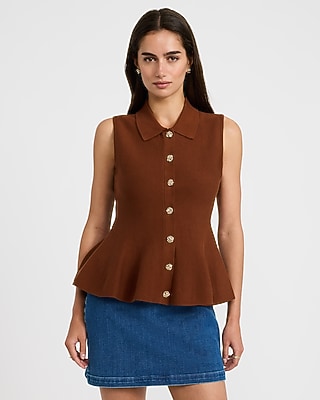 Cotton Crew Neck Gold Button Front Peplum Sweater Polo - thumbnail 5