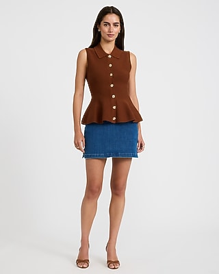 Cotton Crew Neck Gold Button Front Peplum Sweater Polo - thumbnail 8