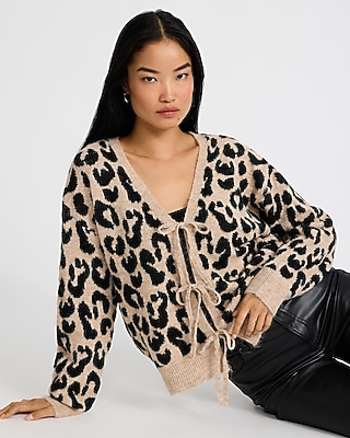 Wool-Blend Leopard Tie Front Cardigan