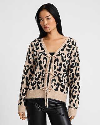 Wool-Blend Leopard Tie Front Cardigan