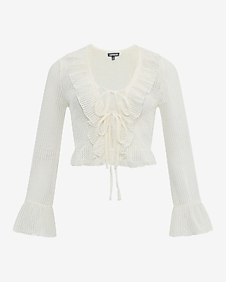 Open Stitch Ruffle Tie Front Cardigan