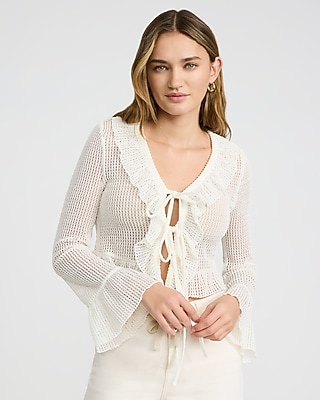 Open Stitch Ruffle Tie Front Cardigan