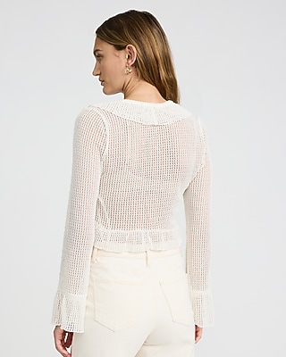 Open Stitch Ruffle Tie Front Cardigan