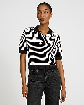 Striped Johnny Collar Short Sleeve Sweater | Express