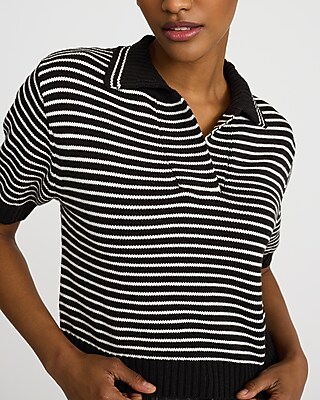 Striped Johnny Collar Short Sleeve Sweater